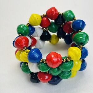 Vintage Paper Bead Bracelet 80s Retro Primary Colors Colorful Chunky Stretch